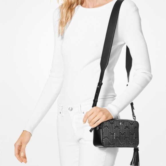 Michael Kors Metallic Deco Small Leather Camera / Crossbody Bag in Black - Picture 2 of 13
